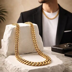 Men’s 14k Gold Plated Over Stainless Steel Cuban Link Chain Necklace Piece 22”